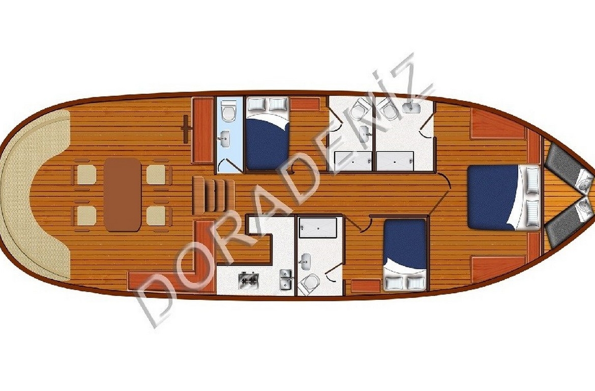 Dora Deniz Gulet, 6 kişilik kapasite ve konforlu kabinleriyle Marmaris çıkışlı mavi yolculuk deneyimini sunar.